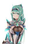  1girl bangs breasts chest_jewel green_eyes green_hair highres jewelry large_breasts long_hair long_ponytail looking_at_viewer pneuma_(xenoblade) ponytail sarasadou_dan simple_background smile solo swept_bangs tiara upper_body very_long_hair white_background xenoblade_chronicles_(series) xenoblade_chronicles_2 