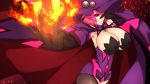  1girl bare_shoulders black_gloves black_sclera blazblue blazblue:_central_fiction blazblue_phase_0 breasts byakkun_(byakkun8181) cape cleavage detached_sleeves dress fire gloves hair_over_one_eye hat highres konoe_a_mercury large_breasts long_hair looking_at_viewer pink_hair red_eyes smile solo thighhighs witch witch_hat yellow_eyes 