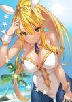  1girl animal_ears artoria_pendragon_(all) artoria_pendragon_(swimsuit_ruler)_(fate) bangs bare_shoulders beach blonde_hair blue_legwear blue_neckwear blue_sky blurry blurry_background braid breasts bunny_ears cleavage closed_mouth cloud cloudy_sky commentary_request day depth_of_field detached_collar eyebrows_visible_through_hair fate/grand_order fate_(series) fishnet_legwear fishnets french_braid green322 green_eyes hair_between_eyes hand_in_hair hand_on_own_thigh highres large_breasts leotard long_hair looking_at_viewer outdoors palm_tree pantyhose playboy_bunny ponytail sidelocks sky smile solo standing star_(symbol) sun sweat tree white_leotard wrist_cuffs 