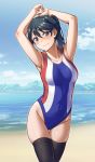  1girl arms_up bangs beach blue_eyes blue_hair blush breasts closed_mouth cloud commentary_request covered_navel day hair_between_eyes hair_ribbon highres houshou_(kantai_collection) kantai_collection long_hair medium_breasts multicolored multicolored_clothes multicolored_swimsuit ocean one-piece_swimsuit outdoors ponytail ribbon skindentation sky solo swimsuit thighhighs water yuki_to_hana 