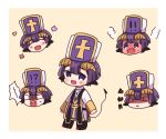  1boy :d ^_^ black_footwear blush blush_stickers boots brown_background chibi closed_eyes curled_horns demon_boy demon_cleric demon_horns demon_tail fang full-face_blush hacha_(hachaowo) hat horns long_sleeves looking_at_viewer male_focus maou-jou_de_oyasumi multiple_views open_mouth parted_lips purple_eyes purple_hair robe shaded_face sleeves_past_wrists smile squiggle steam sweat tail tail_raised two-tone_background wavy_mouth white_background white_headwear white_robe wide-eyed 