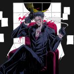  1boy alternate_costume beads blood blood_splatter blue_hair bodypaint chair charatei cigarette crescent_moon crossed_legs cu_chulainn_(fate)_(all) cu_chulainn_alter_(fate/grand_order) dark_blue_hair dark_persona earrings facepaint fate/grand_order fate_(series) gloves grin gun hair_beads hair_ornament holding holding_gun holding_weapon jewelry long_hair looking_at_viewer male_focus monster_boy moon necklace open_clothes open_shirt pants ponytail red_eyes revolver sitting smile smoke smoking solo spiked_hair type-moon weapon 