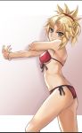  1girl bikini blonde_hair braid breasts fate/grand_order fate_(series) french_braid from_side green_eyes groin hair_ornament hair_scrunchie highres keisuke_desu~ looking_at_viewer medium_breasts mordred_(fate) mordred_(fate)_(all) mordred_(swimsuit_rider)_(fate) outstretched_arm ponytail red_bikini red_scrunchie scrunchie side-tie_bikini sideboob solo swimsuit thighs 