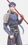  1boy abs armor beads blue_hair bodysuit cowboy_shot crab cu_chulainn_(fate)_(all) earrings fate/stay_night fate_(series) gae_bolg grey_background hair_beads hair_ornament highres holding holding_polearm holding_weapon isopod jewelry lancer long_hair looking_at_viewer male_focus muscle pauldrons polearm ponytail red_eyes shoulder_armor simple_background skin_tight slit_pupils solo spiked_hair twitter_username type-moon weapon 