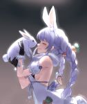  1girl =_= animal animal_ear_fluff animal_ears bangs bare_shoulders black_background black_gloves black_leotard blue_hair blush bow braid breasts brown_background bunny bunny_ears carrot_hair_ornament chiiririn closed_eyes commentary detached_sleeves don-chan_(usada_pekora) dress eyebrows_visible_through_hair food_themed_hair_ornament from_side fur-trimmed_gloves fur_trim gloves gradient gradient_background hair_bow hair_ornament hands_up holding holding_animal hololive leotard long_hair multicolored_hair profile puffy_short_sleeves puffy_sleeves short_eyebrows short_sleeves sideboob signature strapless strapless_dress strapless_leotard thick_eyebrows twin_braids twintails two-tone_hair usada_pekora very_long_hair virtual_youtuber white_bow white_dress white_hair white_sleeves 