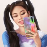  1girl blackpink brown_eyes brown_hair camera_phone facing_viewer jennie_(blackpink) lips long_hair one_eye_closed portrait reflection solo tongue tongue_out twintails umigraphics white_background 