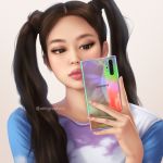  1girl blackpink brown_eyes brown_hair camera_phone facing_viewer jennie_(blackpink) lips long_hair portrait reflection solo twintails umigraphics white_background 