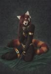  2010 ailurid anthro armband biped bracelet breasts brown_hair dipstick_tail ear_piercing egyptian female fur green_eyes hair jewelry long_hair looking_at_viewer mammal multicolored_body multicolored_fur multicolored_tail nipples pan_hesekiel_shiroi piercing red_panda ring ringtail sitting solo traditional_media_(artwork) waist_accessory 