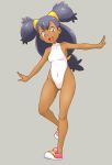  1girl bangs big_hair black_hair breasts brown_eyes covered_nipples dark_skin dark_skinned_female grey_background halterneck highleg highleg_leotard highres iris_(pokemon) leotard long_hair looking_at_viewer low-tied_long_hair open_mouth outstretched_arms pink_footwear pokemon pokemon_(anime) pokemon_bw_(anime) shoes simple_background sleeveless small_breasts smile solo spread_arms standing standing_on_one_leg tof two_side_up very_long_hair white_leotard 
