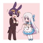  1boy 1girl alternate_costume animal_ears apron aurora_sya_lis_kaymin bangs black_jacket black_pants blue_bow blue_dress blue_footwear blunt_bangs blush_stickers bow brown_neckwear bunny_ears bunny_tail chibi closed_mouth collared_dress collared_shirt curled_horns demon_boy demon_cleric demon_horns demon_tail dress eyebrows_visible_through_hair fang flying_sweatdrops formal frilled_apron frills hacha_(hachaowo) hair_between_eyes hair_bow holding_tail horns jacket kemonomimi_mode long_hair long_sleeves maou-jou_de_oyasumi mary_janes necktie open_mouth pants pantyhose pink_background puffy_short_sleeves puffy_sleeves purple_eyes purple_hair rabbit_boy shirt shoes short_sleeves silver_hair standing suit sweat tail two-tone_background very_long_hair white_apron white_background white_legwear white_shirt 