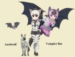  2girls aardwolf_(kemono_friends) aardwolf_ears aardwolf_print aardwolf_tail animal_ears arms_behind_head bangs bat bat_ears bat_wings black_eyes black_footwear black_hair black_neckwear black_shorts black_wings blouse blunt_bangs boots character_name collared_shirt commentary_request common_vampire_bat_(kemono_friends) cutoffs elbow_gloves english_text eyebrows_visible_through_hair fangs flying frilled_skirt frills gloves grey_blouse grey_skirt head_wings highres kemono_friends legwear_under_shorts long_sleeves looking_at_viewer medium_hair miniskirt multicolored_hair multiple_girls namesake necktie open_mouth pantyhose ponytail print_gloves print_legwear print_shirt purple_eyes purple_neckwear shirt short_hair short_shorts shorts simple_background skirt sleeveless sleeveless_shirt smile standing two-tone_hair vampire_bat white_gloves white_hair white_legwear white_shirt wings yamaguchi_yoshimi yellow_background 