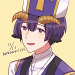  1boy :d bangs brown_background curled_horns dated demon_cleric demon_horns eyebrows_visible_through_hair fang hacha_(hachaowo) hair_between_eyes hat horns looking_at_viewer male_focus maou-jou_de_oyasumi open_mouth purple_eyes purple_hair robe simple_background smile solo translation_request upper_body white_headwear white_robe 