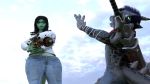  16:9 2018 ambiguous_gender anthro black_hair blizz_braidy blue_bottomwear blue_clothing blue_hair blue_jeans blue_pants bottomwear breasts clothing denim denim_clothing duo female green_body grey_body grey_scales hair jeans juliet_a kobold larger_female lizard low-angle_view melee_weapon non-mammal_breasts pants reptile scabbard scales scalie scared shirt shrink_ray size_difference smaller_ambiguous sword topwear twoscale weapon white_clothing white_shirt white_topwear widescreen 