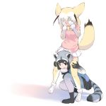 2girls animal_ears black_footwear black_gloves black_hair black_neckwear black_skirt blonde_hair blue_legwear blue_sweater blush bow bowtie carrying commentary_request common_raccoon_(kemono_friends) covering_face elbow_gloves embarrassed fennec_(kemono_friends) fox_ears fox_girl fox_tail fur_collar fur_trim gloves gradient gradient_gloves gradient_legwear grey_gloves grey_hair grey_legwear highres iwa_(iwafish) kemono_friends multicolored multicolored_clothes multicolored_gloves multicolored_hair multicolored_legwear multiple_girls pantyhose piggyback pink_sweater pleated_skirt puffy_short_sleeves puffy_sleeves raccoon_ears raccoon_girl raccoon_tail short_sleeves sidelocks skirt squatting sweater tail thighhighs white_footwear white_fur white_gloves white_hair white_legwear white_skirt yellow_gloves yellow_legwear yellow_neckwear zettai_ryouiki 
