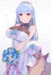  1girl absurdres azur_lane bangs bare_shoulders blue_flower blue_rose blunt_bangs blush bouquet breasts cleavage closed_mouth commentary_request contrapposto cowboy_shot dido_(azur_lane) dress eyebrows_visible_through_hair flower furrowed_eyebrows highres holding holding_bouquet huge_filesize jewelry kanno_esuto large_breasts light_blue_hair long_hair looking_at_viewer necklace panties petals pink_eyes rose side-tie_panties simple_background sleeveless sleeveless_dress solo standing underwear white_background white_dress 