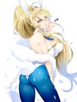  1girl ahoge animal_ears artoria_pendragon_(all) artoria_pendragon_(swimsuit_ruler)_(fate) ass back-seamed_legwear bare_shoulders between_fingers blonde_hair blue_legwear braid breasts bunny_ears bunny_tail closed_mouth cowboy_shot detached_collar eyes_visible_through_hair fake_animal_ears fate/grand_order fate_(series) fishnet_legwear fishnets greyscale hair_between_eyes large_breasts legs_apart leotard long_hair looking_at_viewer monochrome pantyhose playboy_bunny poker_chip ponytail seamed_legwear simple_background smile solo strapless strapless_leotard tail tiara very_long_hair white_background white_leotard zuwai_kani 