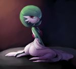  big_butt butt clothing dress eyelashes female gardevoir green_hair grey_background hair hi_res humanoid looking_at_viewer looking_back nintendo outta_sync pink_eyes pok&eacute;mon pok&eacute;mon_(species) simple_background sitting smile solo video_games white_body white_skin 