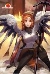  1girl absurdres arm_support artoflariz bleach bodysuit breasts copyright_name cosplay crossover highres inoue_orihime knees_together_feet_apart large_breasts looking_at_viewer mechanical_wings mercy_(overwatch) mercy_(overwatch)_(cosplay) open_mouth orange_eyes orange_hair overwatch photoshop_(medium) solo teeth wings 