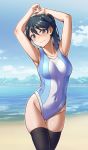  1girl arms_up bangs beach blue_eyes blue_hair blush breasts closed_mouth cloud commentary_request covered_navel day hair_between_eyes hair_ribbon highres houshou_(kantai_collection) kantai_collection long_hair medium_breasts multicolored multicolored_clothes multicolored_swimsuit ocean one-piece_swimsuit outdoors ponytail ribbon skindentation sky solo swimsuit thighhighs water yuki_to_hana 