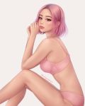  1girl blush bra breasts forehead lips looking_at_viewer original panties pink_bra pink_eyes pink_hair pink_panties profile short_hair small_breasts solo umigraphics underwear underwear_only white_background 