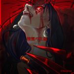  1boy beads blood blood_on_face claw_(weapon) cu_chulainn_(fate)_(all) cu_chulainn_alter_(fate/grand_order) dark_blue_hair dark_persona earrings facepaint facing_up fate/grand_order fate_(series) hair_beads hair_ornament highres hood hood_up jewelry long_hair male_focus monster_boy open_mouth ponytail red_eyes scanlines sharp_teeth solo spikes teeth tensei_(thscjstod) translation_request twitter_username type-moon veins weapon 