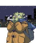  2020 anthro backpack clothing domestic_pig green_body humanoid_hands kemono male mammal night outside scarf slightly_chubby solo suid suina sus_(pig) sweater takagi_kyou topwear 