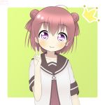  ahoge akaza_akari blush closed_mouth double_bun eyebrows_visible_through_hair grey_background grivousdist hand_up looking_at_viewer nanamori_school_uniform purple_eyes red_hair school_uniform short_hair smile upper_body v yuru_yuri 