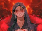  1boy black_hair bodypaint cu_chulainn_(fate)_(all) cu_chulainn_alter_(fate/grand_order) dark_persona earrings facepaint fate/grand_order fate_(series) fur hood hood_up jewelry long_hair looking_at_viewer male_focus pearl8 ponytail red_eyes sharp_teeth smile solo spikes teeth type-moon 