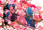  1boy belt blue_hair book bracelet capelet charatei cherry_blossoms cu_chulainn_(fate)_(all) cu_chulainn_(fate/grand_order) dango earrings eating elbow_gloves fate/grand_order fate_(series) food food_in_mouth from_side full_body fur-trimmed_hood fur_trim gloves harem_pants highres hood hood_down hooded_capelet in_tree jewelry long_hair looking_at_viewer lying male_focus muscle on_back pants petals red_eyes sanshoku_dango solo spiked_hair tank_top toeless_legwear tree type-moon wagashi 