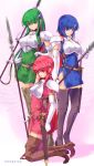  3girls armor bangs black_footwear blue_dress blue_eyes blue_hair boots breastplate brown_footwear catria_(fire_emblem) closed_mouth covered_navel dress elbow_gloves est_(fire_emblem) eyebrows_visible_through_hair eyes_visible_through_hair fire_emblem fire_emblem:_mystery_of_the_emblem full_body gloves green_dress green_eyes green_hair hair_between_eyes hand_up headband highres holding holding_spear holding_weapon kirishima_satoshi kneeling long_hair looking_at_viewer multiple_girls open_mouth palla_(fire_emblem) pegasus_knight pink_dress pink_eyes pink_hair polearm sheath sheathed short_dress short_hair short_sleeves shoulder_armor siblings side_slit sisters sleeveless sleeveless_dress smile spear standing straight_hair sword thigh_boots thighhighs twitter_username very_long_hair weapon white_gloves zettai_ryouiki 