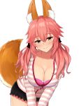  1girl animal_ear_fluff animal_ears black_shorts blush bra breasts cleavage collarbone eyebrows_visible_through_hair fate/extella fate/extra fate/extra_ccc fate_(series) fox_ears fox_girl fox_tail highres igloo_03 large_breasts looking_at_viewer open_clothes open_shirt pink_bra pink_hair shorts simple_background smile solo tail tamamo_(fate)_(all) tamamo_no_mae_(fate) twintails underwear white_background yellow_eyes 