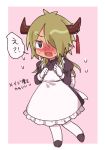  1boy :d alternate_costume apron black_dress black_footwear blush chibi crossdressing dark_skin demon_horns demon_king_tasogare dress enmaided fang frilled_apron frills full_body gloves green_hair hacha_(hachaowo) horn_piercing horns juliet_sleeves long_hair long_sleeves maid maid_apron male_focus maou-jou_de_oyasumi nose_blush open_mouth pantyhose pink_background pointy_ears puffy_sleeves shoes smile solo sweat translation_request two-tone_background white_apron white_background white_gloves white_legwear 