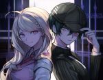  1boy 1girl ahoge akamatsu_kaede back-to-back backpack bag baseball_cap black_hair blonde_hair blurry blurry_background breasts brown_eyes brown_headwear brown_jacket closed_mouth collared_shirt commentary_request danganronpa hair_between_eyes hair_ornament hand_on_headwear hand_up hat highres jacket large_breasts long_hair long_sleeves looking_at_another looking_back musical_note musical_note_hair_ornament muuyiie necktie new_danganronpa_v3 pink_eyes pink_sweater_vest portrait purple_eyes purple_sweater saihara_shuuichi shirt short_hair smile striped_jacket sweater sweater_vest tearing_up upper_body 