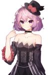  1girl bangs bare_shoulders black_choker black_dress black_feathers black_headwear black_sleeves blush breasts choker cleavage closed_mouth collarbone detached_sleeves dress eyebrows_visible_through_hair flower frilled_sleeves frills hair_between_eyes hand_up hat hat_feather hat_flower highres long_sleeves lucid_(maplestory) maplestory medium_breasts pointy_ears purple_eyes purple_hair red_flower red_rose rose se.a short_hair simple_background smile solo strapless strapless_dress tilted_headwear white_background 