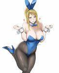  1girl animal_ears blonde_hair blush breasts bunny_ears commentary_request covered_navel cuffs green_eyes heart high_heels large_breasts long_hair metroid mole mole_under_mouth pantyhose ponytail samus_aran shibusun signature simple_background solo white_background zero_suit 