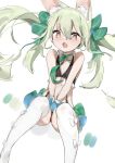  1girl :o animal_ear_fluff animal_ears art556_(girls_frontline) bare_arms bare_shoulders black_panties bow brown_eyes choker collared_shirt crop_top fang flat_chest floating_hair girls_frontline green_choker green_hair green_skirt hair_bow highres long_hair looking_at_viewer microskirt midriff navel open_mouth panties panty_peek revealing_clothes ribbon_choker sabashi shirt simple_background skirt sleeveless sleeveless_shirt solo stomach suspenders thighhighs twintails underwear v_arms white_background white_legwear white_shirt 