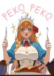  1girl ahoge ascot bird blue_eyes braid bread breasts chicken cleavage eyebrows_visible_through_hair food fork fruit grapes highres holding holding_fork holding_knife icarus_(632247131) knife large_breasts long_hair open_mouth orange_hair pecorine_(princess_connect!) princess_connect! princess_connect!_re:dive red_neckwear simple_background single_braid solo sparkle sparkling_eyes tiara white_background 