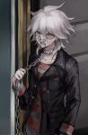  1boy arm_at_side bangs black_jacket black_sweater chain collar collarbone commentary_request danganronpa drooling facepaint fake_facial_hair fake_mustache fake_whiskers grey_eyes grey_hair hair_between_eyes hand_up highres holding holding_chain jacket komaeda_nagito long_sleeves looking_at_viewer male_focus medium_hair metal_collar muuyiie official_alternate_costume open_clothes open_jacket red_sweater solo standing striped striped_sweater sweater upper_body zettai_zetsubou_shoujo 
