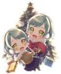  aqua_hair bang_dream! boots chibi christmas christmas_tree full_body gift gloves green_eyes highres hikawa_hina hikawa_sayo mia_(fai1510) open_mouth pants short_hair siblings sisters twins white_background winter_clothes 