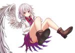  1girl absurdres bare_legs blush braid collared_dress dress expressionless feathered_wings full_body hair_between_eyes hand_on_own_face highres jacket junyamaekaki kishin_sagume knees_up legs looking_at_viewer medium_hair no_panties open_clothes open_jacket purple_dress red_eyes silver_hair simple_background single_wing solo spread_legs thighs touhou upskirt white_background white_jacket white_wings wings 