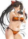  1girl ahoge alternate_hairstyle bangs bikini black_hair breasts brown_eyes cleavage_cutout clothing_cutout cowboy_shot dated high_ponytail kantai_collection long_hair looking_at_viewer medium_breasts navel orange_bikini ponytail shouhou_(kantai_collection) side-tie_bikini signature simple_background solo standing swimsuit toka_(marchlizard) white_background 