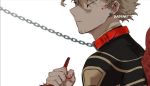  1boy artist_name bangs black_bodysuit blonde_hair blood blood_on_face bloody_hands bodysuit boku_no_hero_academia chain collar commentary dog_collar facial_hair feathered_wings from_side hawks_(boku_no_hero_academia) holding kadeart leash male_focus parted_lips red_collar red_wings short_hair solo wings yellow_eyes 