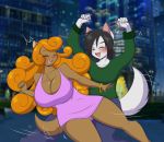  anthro blush breasts canid canine canis city cleavage clothed clothing dancing domestic_dog dress duo eyes_closed female hair latina male mammal mastergodai night open_mouth orange_hair perla_(mastergodai) rascals smile sweater topwear webcomic 