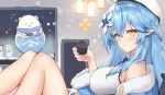  1girl beret blue_hair blue_nails blush breasts closed_mouth cup fingernails hair_ornament haoni hat holding holding_cup hololive legs long_hair looking_at_viewer medium_breasts nail_polish pointy_ears solo television virtual_youtuber white_headwear yellow_eyes yukihana_lamy 