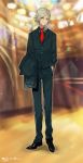  1boy absurdres black_footwear black_pants blurry blurry_background buttons collared_shirt edmond_dantes_(fate/grand_order) fate/grand_order fate_(series) formal full_body grin hand_in_pocket heroic_spirit_formal_dress highres holding holding_clothes holding_jacket indoors jacket jacket_removed long_hair long_sleeves necktie pants ponytail red_neckwear shirt smile suit suit_jacket teeth tuxedo tuze111 wavy_hair white_hair yellow_eyes 
