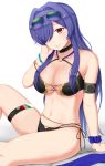  1girl absurdres arm_support azur_lane bangs bare_shoulders bead_bracelet beads belly_chain bikini black_bikini black_choker bracelet breasts choker cleavage collarbone commentary_request eyebrows_visible_through_hair eyewear_on_head groin hair_intakes hair_over_one_eye hand_on_own_cheek hand_on_own_face highres jewelry large_breasts long_hair looking_at_viewer midriff mole mole_on_thigh multi-strapped_bikini navel o-ring o-ring_bikini pazu_(asumo) purple_hair purple_scrunchie red_eyes scrunchie shadow side-tie_bikini sidelocks simple_background sitting skindentation smile solo sunglasses sweat swimsuit thigh_strap trento_(azur_lane) trento_(summer&#039;s_hotness?)_(azur_lane) very_long_hair white_background wrist_scrunchie wristlet 