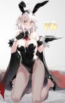  1girl ahoge animal_ears bangs black_footwear black_gloves blush breasts bunny_ears cape champagne_flute cleavage covered_navel cup drinking_glass fate/grand_order fate_(series) fishnet_legwear fishnets fur_trim gloves high_heels highres jeanne_d&#039;arc_(alter)_(fate) jeanne_d&#039;arc_(fate)_(all) kneeling looking_at_viewer necktie pantyhose playboy_bunny prime short_hair silver_hair solo tray wrist_cuffs yellow_eyes 