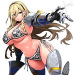  1girl armor armpits bangs bikini bikini_armor black_hairband blonde_hair blue_eyes breasts celia_kumani_entory drill_hair eyebrows_visible_through_hair eyes_visible_through_hair gauntlets greaves hairband happa_(cloverppd) highres lance large_breasts long_hair looking_at_viewer navel outstretched_arm pointing polearm side-tie_bikini simple_background solo swimsuit walkure_romanze weapon white_background 