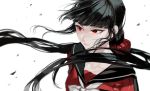  1girl bangs black_hair blunt_bangs closed_mouth collarbone commentary_request danganronpa floating_hair hair_ornament hair_scrunchie harukawa_maki highres long_hair low_twintails mole mole_under_eye new_danganronpa_v3 on_(onon2659) portrait red_eyes red_scrunchie red_shirt sailor_collar school_uniform scrunchie serafuku serious shirt solo twintails 