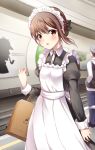  1boy 1girl alternate_costume apron bag black_dress blush brown_eyes brown_hair buttons dress enmaided hair_between_eyes juliet_sleeves kantai_collection long_sleeves maid maid_headdress mashiro_aa open_mouth paper_bag puffy_sleeves short_hair taihou_(kantai_collection) white_apron 